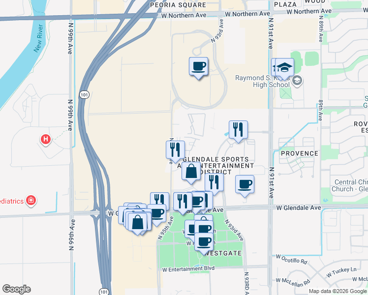 map of restaurants, bars, coffee shops, grocery stores, and more near 2 West Cabela Drive in Glendale