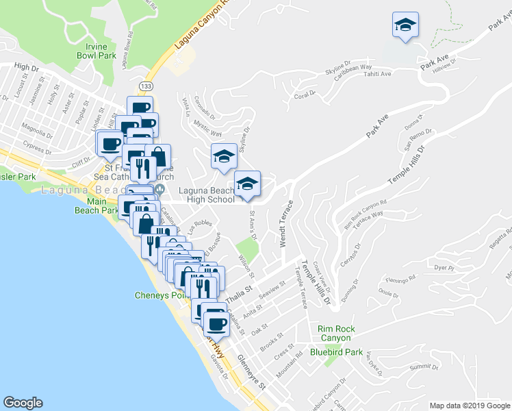 map of restaurants, bars, coffee shops, grocery stores, and more near 625 Park Avenue in Laguna Beach
