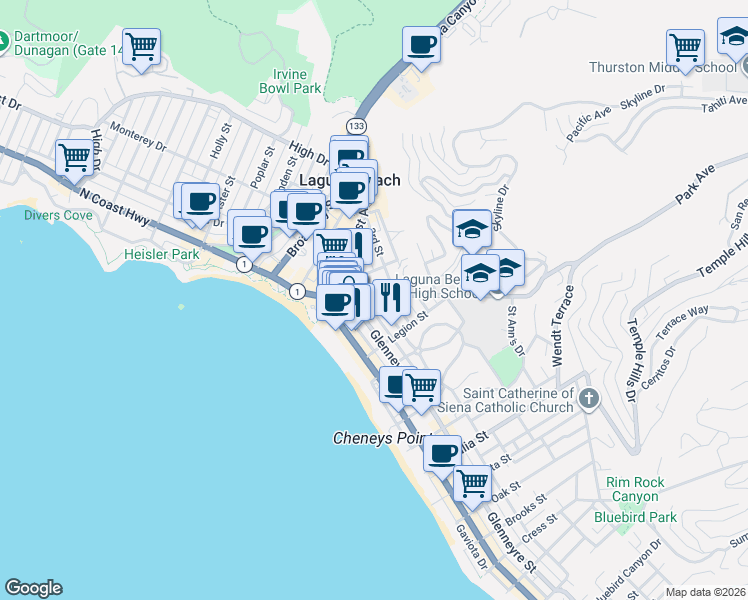map of restaurants, bars, coffee shops, grocery stores, and more near 450 Glenneyre Street in Laguna Beach