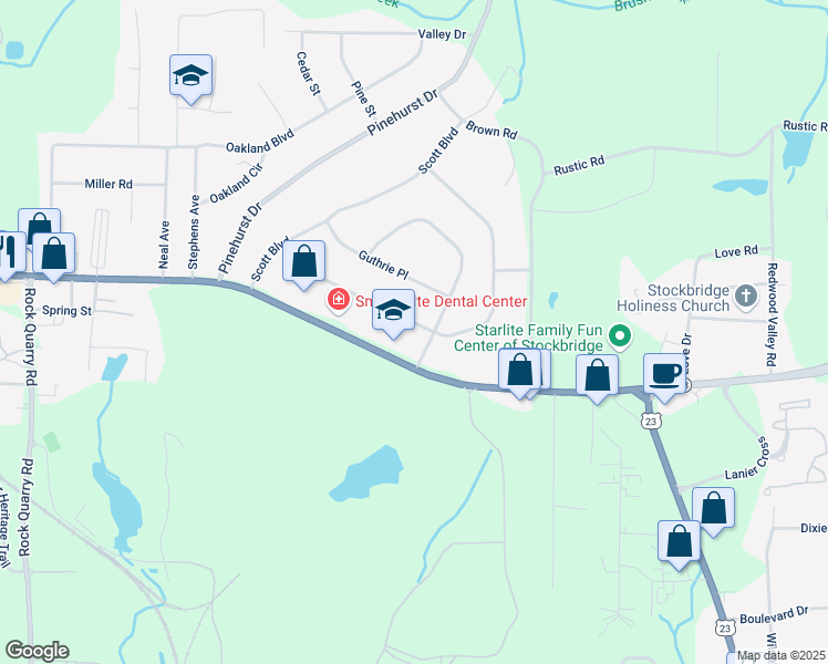 map of restaurants, bars, coffee shops, grocery stores, and more near 170 Charlotte Boulevard in Stockbridge