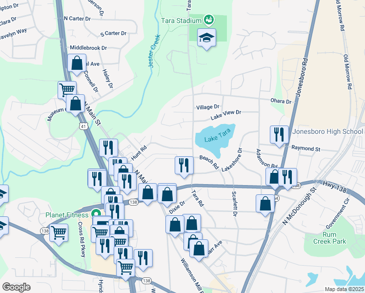 map of restaurants, bars, coffee shops, grocery stores, and more near 982 Hunt Road in Jonesboro