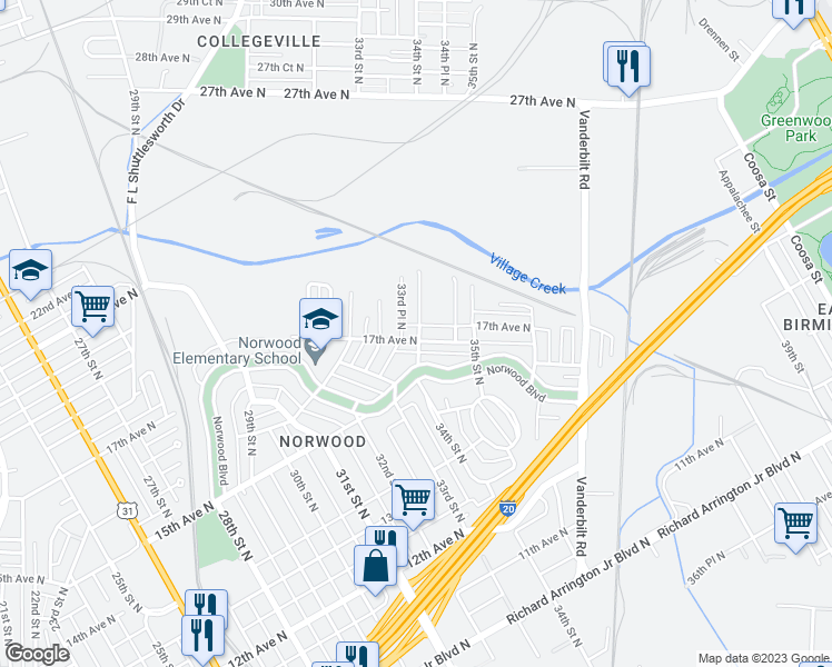 map of restaurants, bars, coffee shops, grocery stores, and more near 3330 17th Avenue North in Birmingham