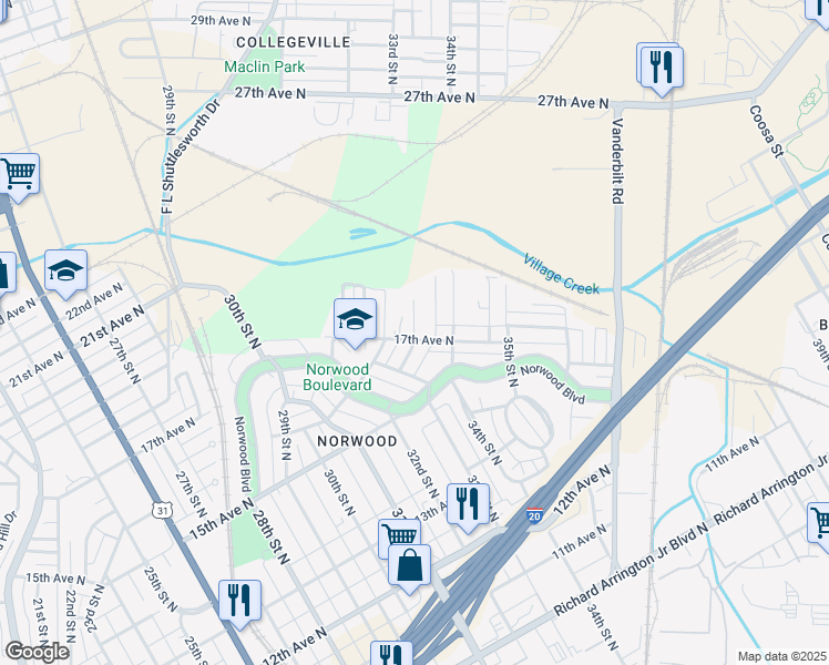 map of restaurants, bars, coffee shops, grocery stores, and more near 1717 33rd Street North in Birmingham