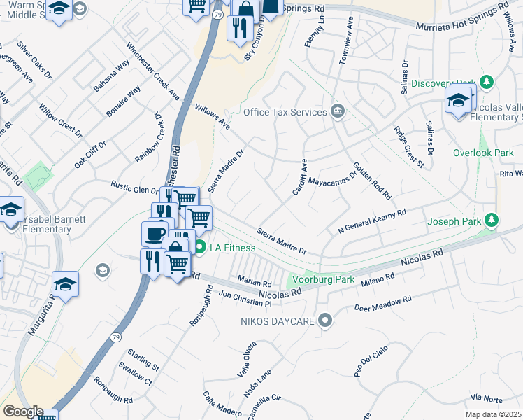 map of restaurants, bars, coffee shops, grocery stores, and more near 39278 Vía Belleza in Murrieta