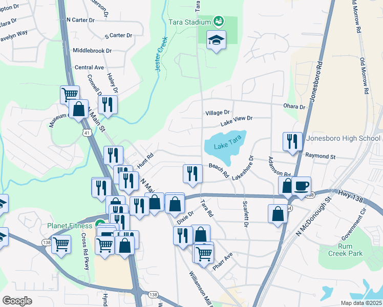 map of restaurants, bars, coffee shops, grocery stores, and more near 982 Hunt Road in Jonesboro