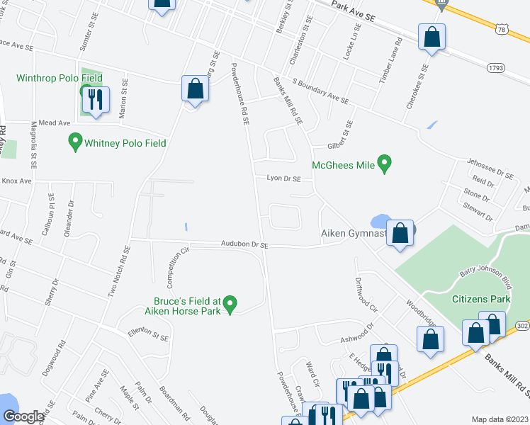 map of restaurants, bars, coffee shops, grocery stores, and more near 650 Powderhouse Road Southeast in Aiken