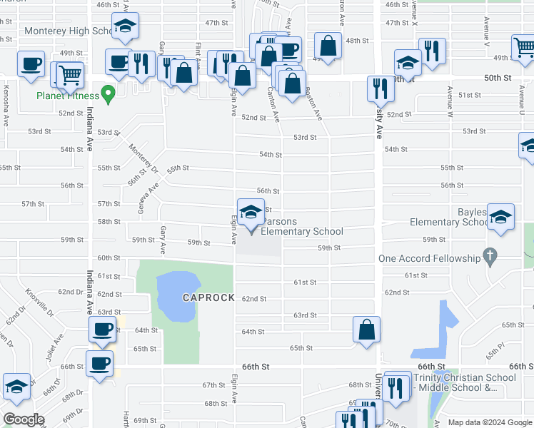 map of restaurants, bars, coffee shops, grocery stores, and more near 2809 57th Street in Lubbock