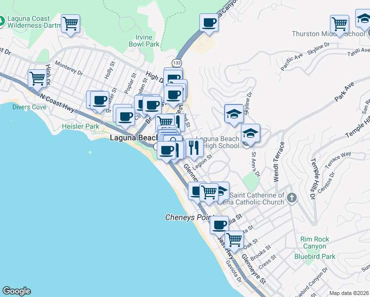 map of restaurants, bars, coffee shops, grocery stores, and more near in Laguna Beach