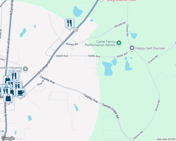 map of restaurants, bars, coffee shops, grocery stores, and more near 145 Scarlett Place Drive in Bowdon