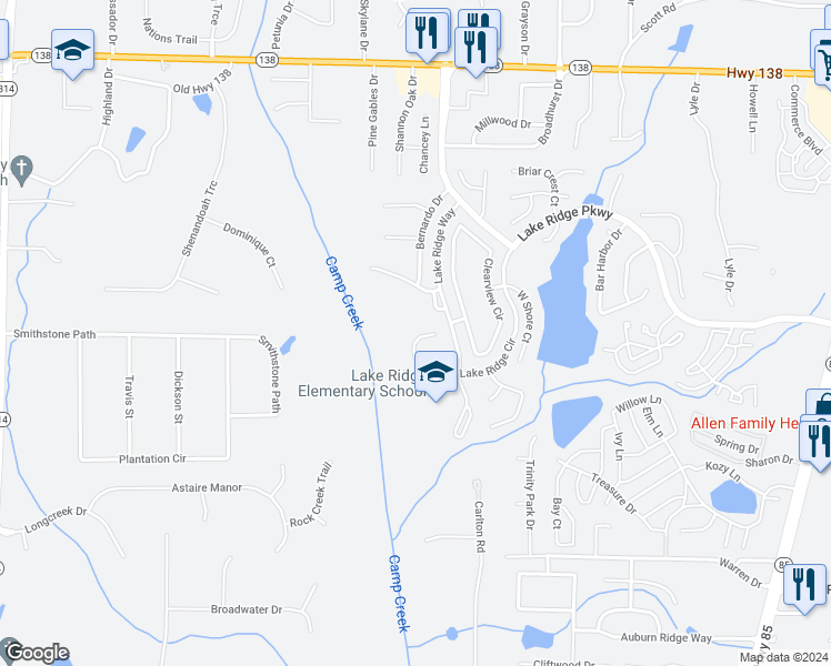 map of restaurants, bars, coffee shops, grocery stores, and more near 1344 Crestridge Lane in Riverdale