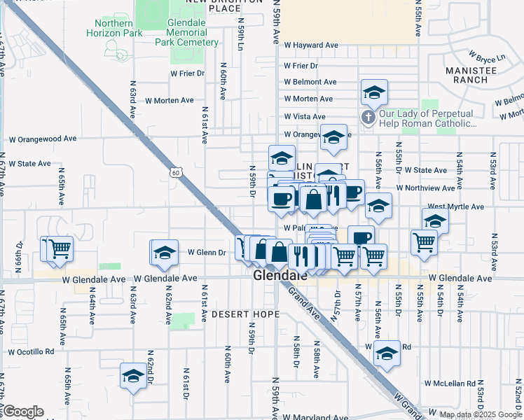 map of restaurants, bars, coffee shops, grocery stores, and more near 5919 West Myrtle Avenue in Glendale