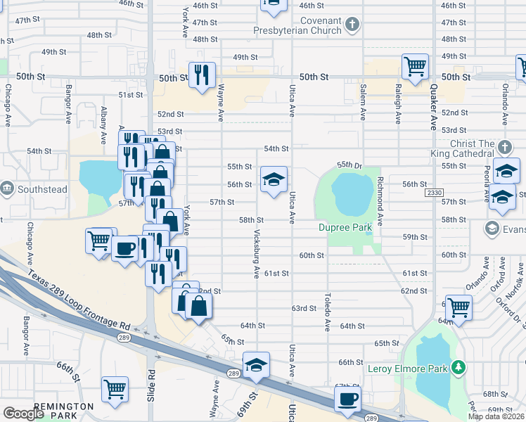 map of restaurants, bars, coffee shops, grocery stores, and more near 4812 58th Street in Lubbock