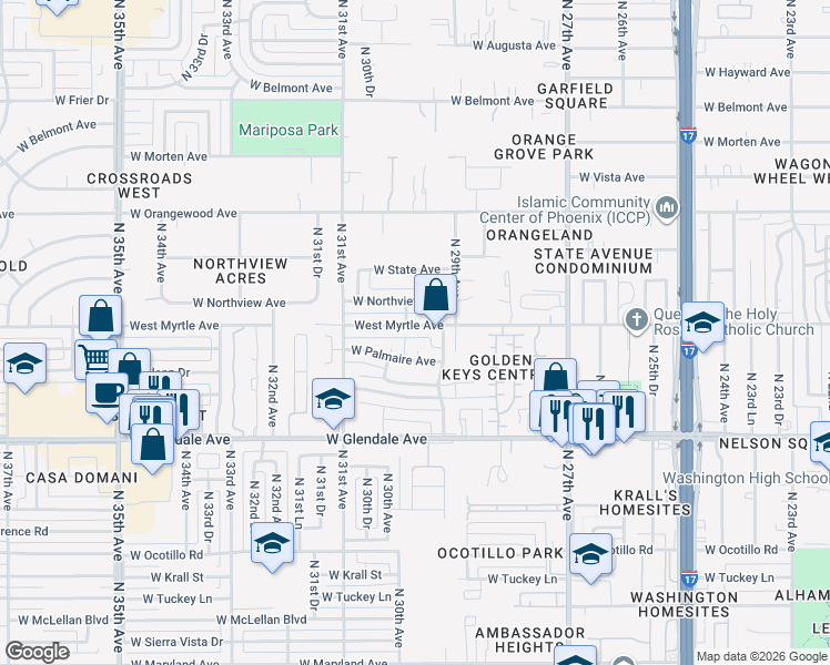 map of restaurants, bars, coffee shops, grocery stores, and more near 2956 West Palmaire Avenue in Phoenix
