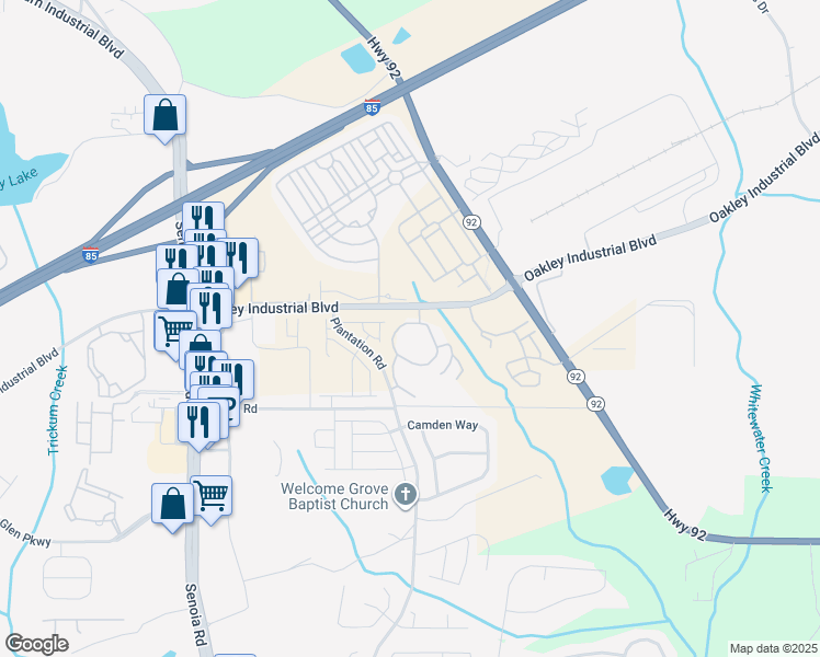 map of restaurants, bars, coffee shops, grocery stores, and more near 5500 Oakley Industrial Boulevard in Fairburn