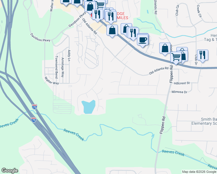 map of restaurants, bars, coffee shops, grocery stores, and more near 246 Northbridge Drive in Stockbridge