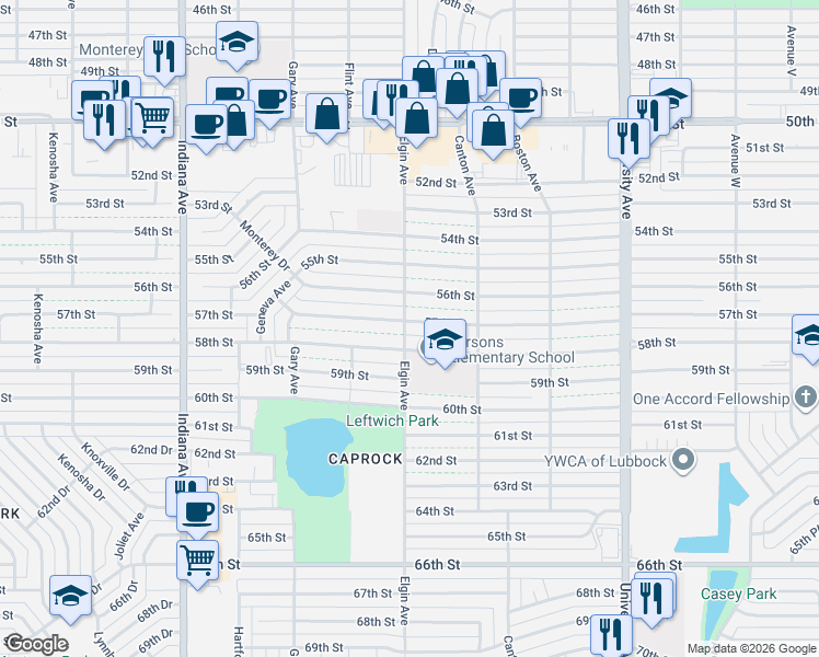 map of restaurants, bars, coffee shops, grocery stores, and more near 2824 58th Street in Lubbock