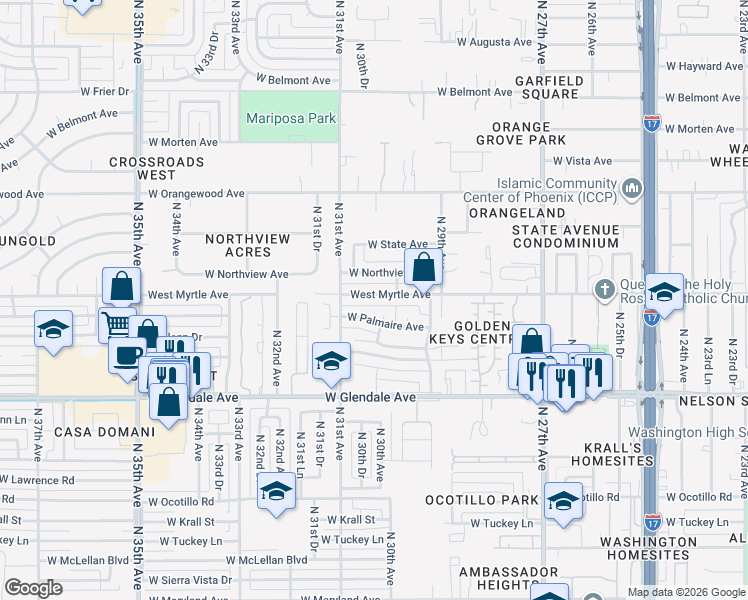 map of restaurants, bars, coffee shops, grocery stores, and more near 2956 West Palmaire Avenue in Phoenix