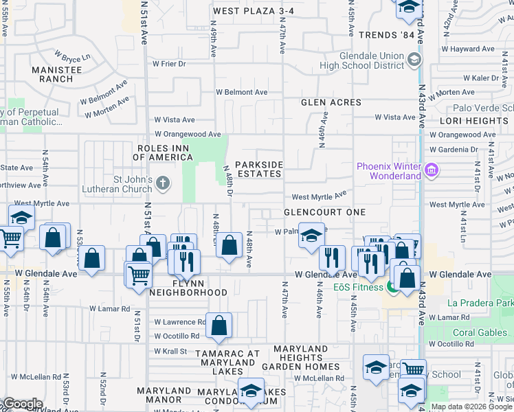 map of restaurants, bars, coffee shops, grocery stores, and more near 7158 North 48th Avenue in Glendale