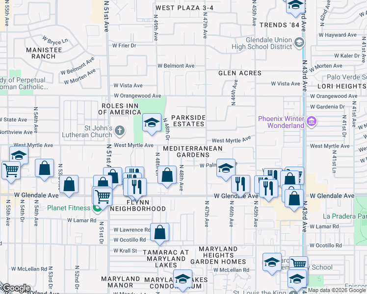 map of restaurants, bars, coffee shops, grocery stores, and more near 7158 North 48th Avenue in Glendale