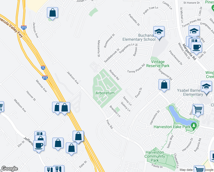 map of restaurants, bars, coffee shops, grocery stores, and more near 26408 Arboretum Way in Murrieta