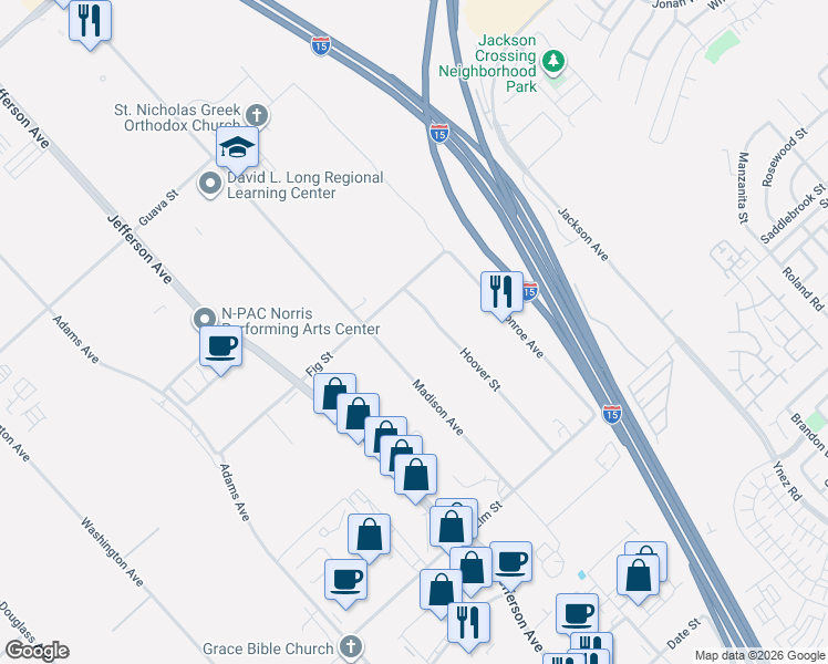 map of restaurants, bars, coffee shops, grocery stores, and more near 26081 Hoover Street in Murrieta