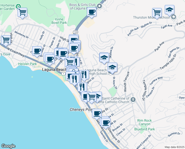 map of restaurants, bars, coffee shops, grocery stores, and more near 545 Legion Street in Laguna Beach