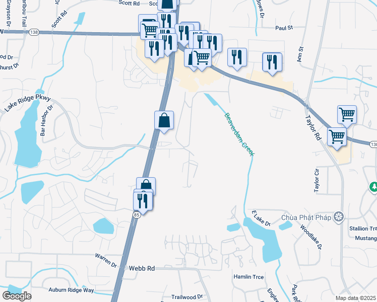 map of restaurants, bars, coffee shops, grocery stores, and more near 7786 Highway 85 in Riverdale