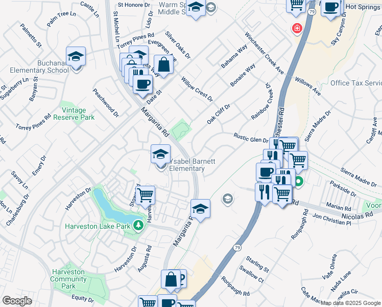 map of restaurants, bars, coffee shops, grocery stores, and more near 39815 Oak Cliff Drive in Temecula