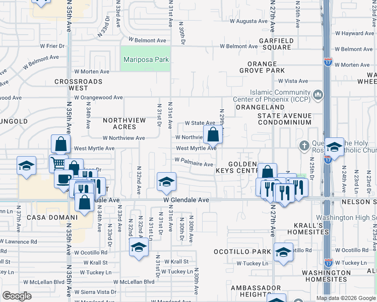 map of restaurants, bars, coffee shops, grocery stores, and more near 2956 West Palmaire Avenue in Phoenix