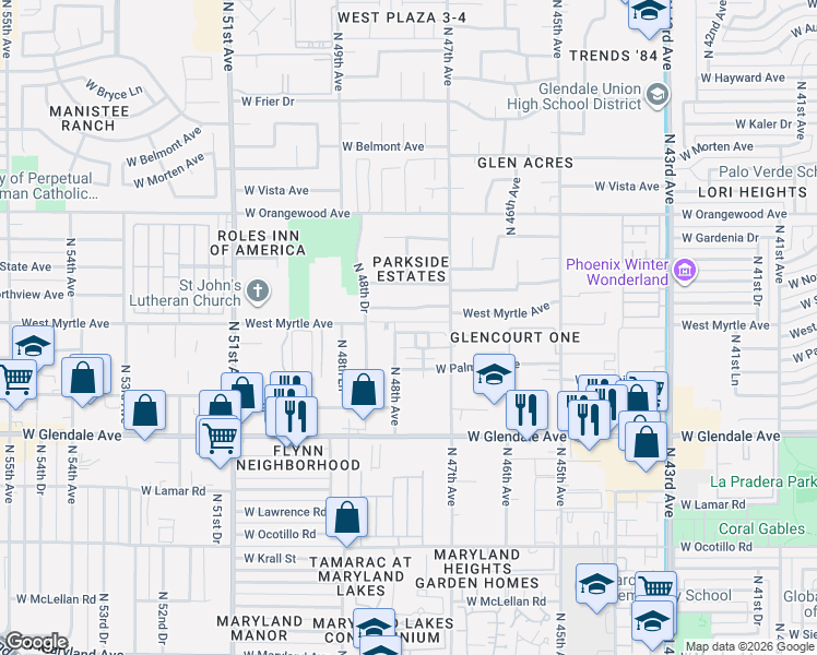 map of restaurants, bars, coffee shops, grocery stores, and more near 7158 North 48th Avenue in Glendale