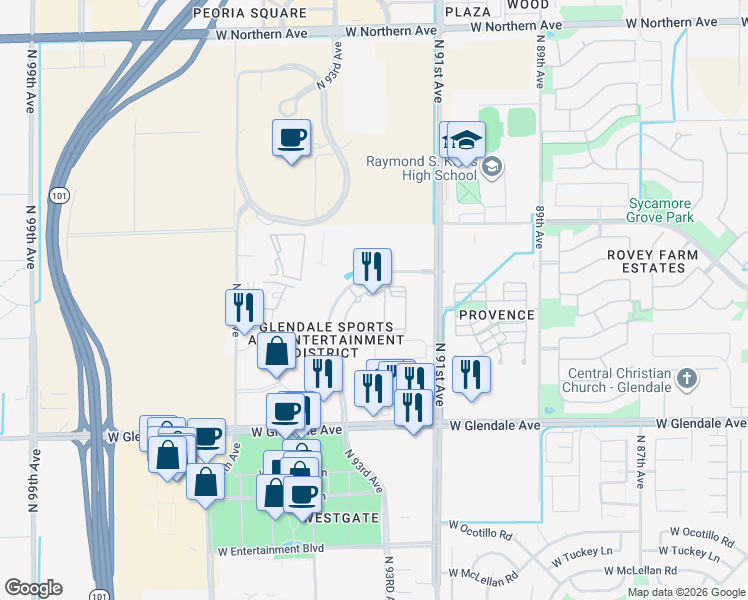 map of restaurants, bars, coffee shops, grocery stores, and more near 7375 North Zanjero Boulevard in Glendale