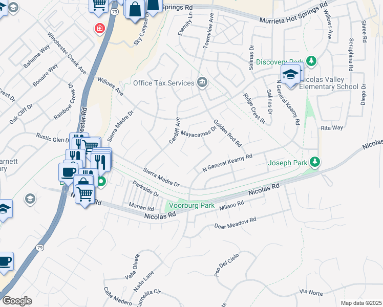 map of restaurants, bars, coffee shops, grocery stores, and more near 39646 Freemark Abbey in Murrieta