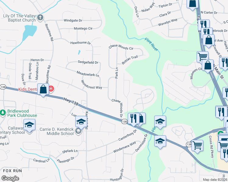 map of restaurants, bars, coffee shops, grocery stores, and more near 7808 Chase Woods Drive in Jonesboro