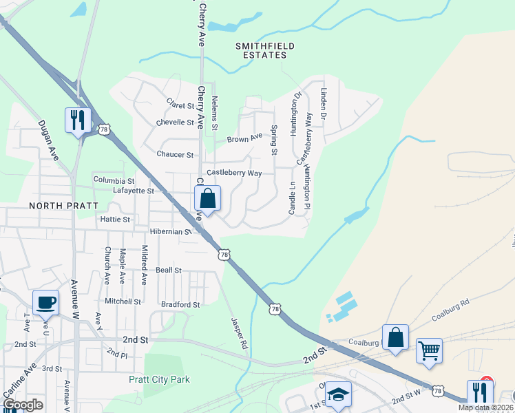 map of restaurants, bars, coffee shops, grocery stores, and more near 1705 Brookfield Lane in Birmingham