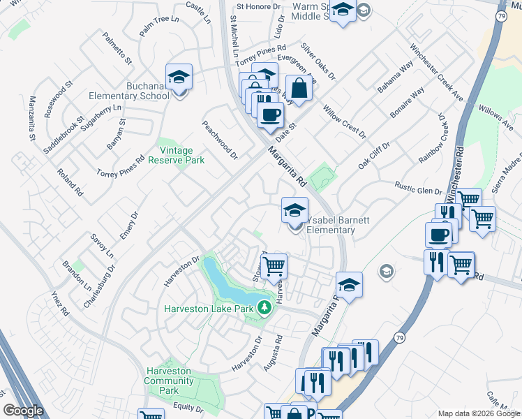map of restaurants, bars, coffee shops, grocery stores, and more near 39877 Worthington Place in Temecula