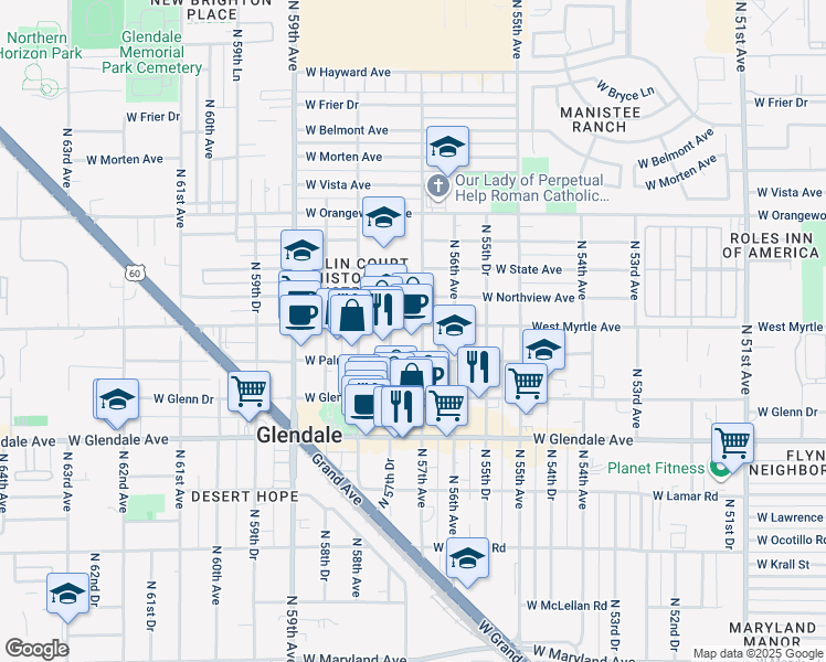 map of restaurants, bars, coffee shops, grocery stores, and more near 7145 North 57th Drive in Glendale