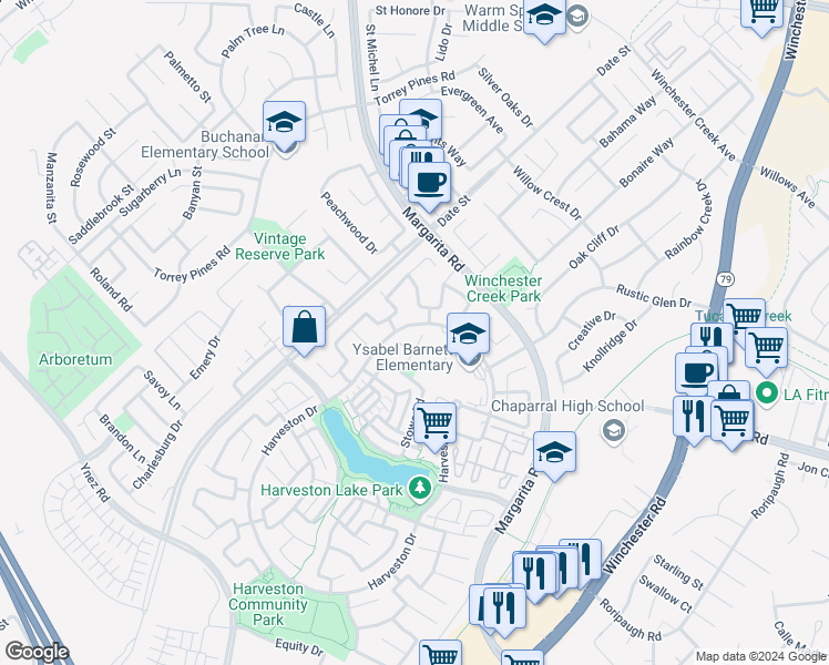 map of restaurants, bars, coffee shops, grocery stores, and more near 39877 Worthington Place in Temecula