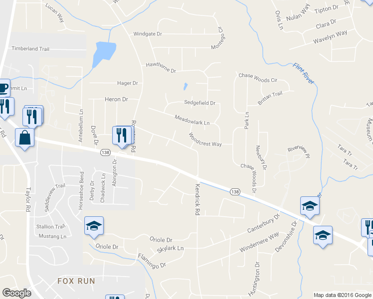 map of restaurants, bars, coffee shops, grocery stores, and more near 125 Old Roundtree Rd in Riverdale
