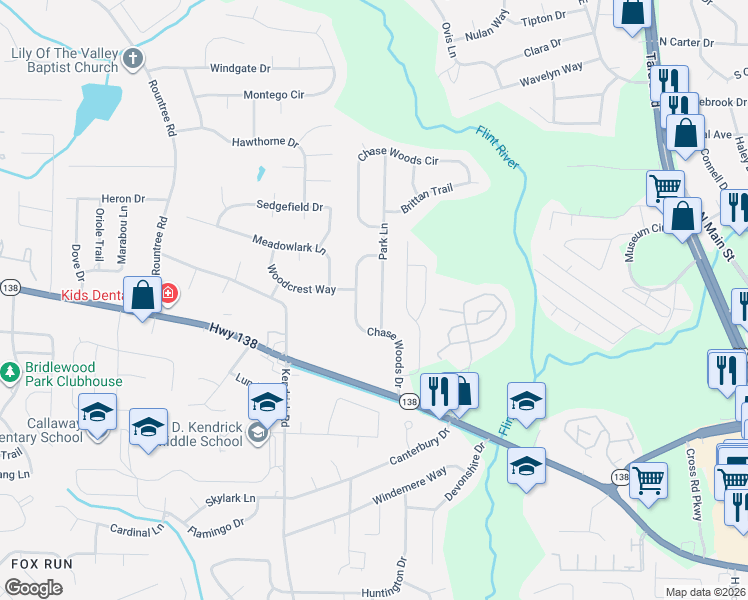 map of restaurants, bars, coffee shops, grocery stores, and more near 7808 Chase Woods Drive in Jonesboro