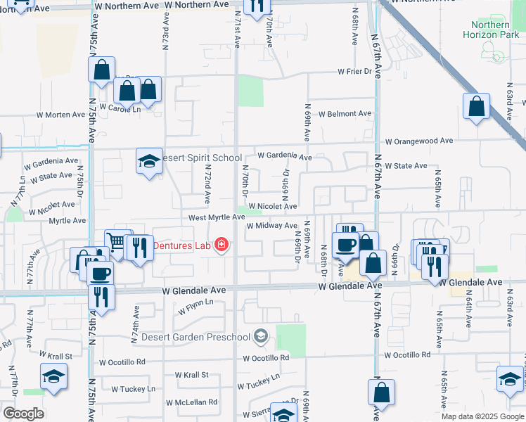 map of restaurants, bars, coffee shops, grocery stores, and more near 6957 West Nicolet Avenue in Glendale