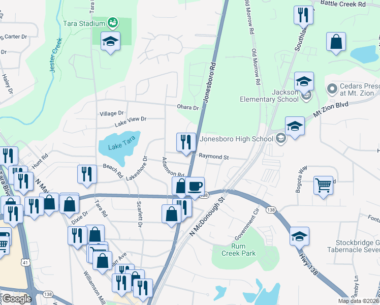 map of restaurants, bars, coffee shops, grocery stores, and more near 1218 Lake Drive in Jonesboro