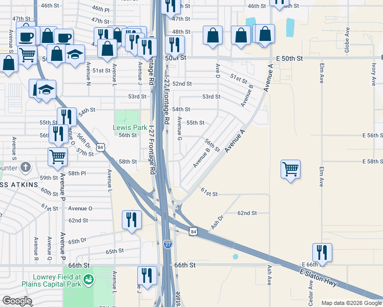 map of restaurants, bars, coffee shops, grocery stores, and more near 5626 Avenue B in Lubbock