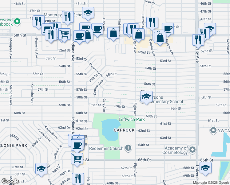 map of restaurants, bars, coffee shops, grocery stores, and more near 3104 58th Street in Lubbock