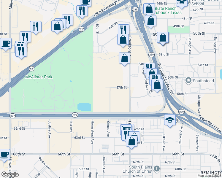 map of restaurants, bars, coffee shops, grocery stores, and more near 5702 Genoa Avenue in Lubbock
