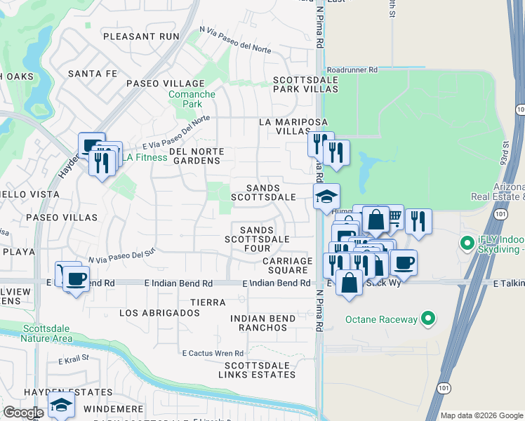 map of restaurants, bars, coffee shops, grocery stores, and more near 8571 East Vía De Encanto in Scottsdale