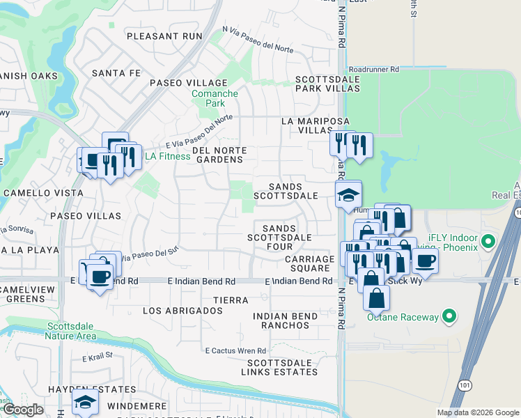 map of restaurants, bars, coffee shops, grocery stores, and more near 7144 North Vía De La Sendero in Scottsdale