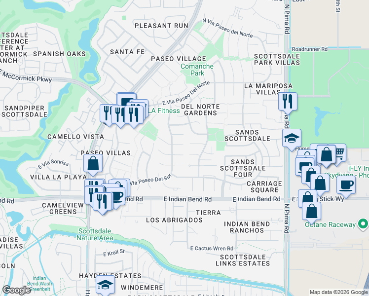 map of restaurants, bars, coffee shops, grocery stores, and more near 8405 East Vía De Encanto in Scottsdale