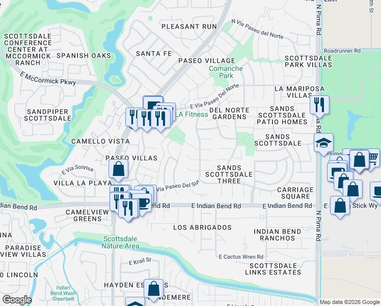 map of restaurants, bars, coffee shops, grocery stores, and more near 8335 East Vía De Encanto in Scottsdale