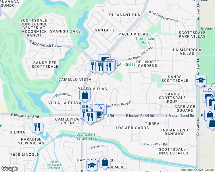 map of restaurants, bars, coffee shops, grocery stores, and more near 7142 North Vía De Amigos in Scottsdale