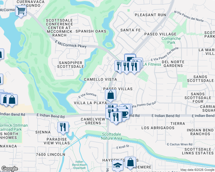 map of restaurants, bars, coffee shops, grocery stores, and more near 7001 North Vía Camello Del Sur in Scottsdale